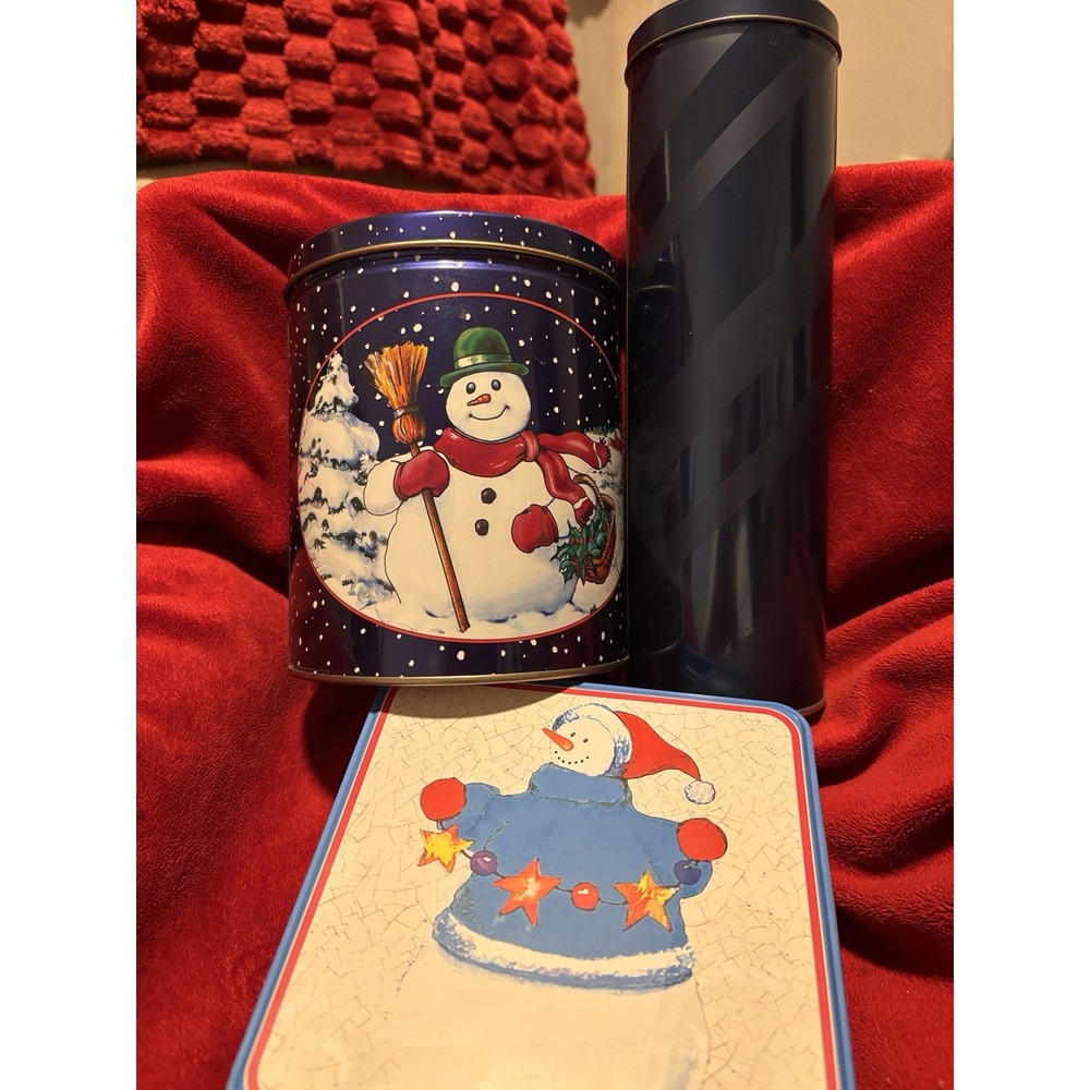 Lot Of 3 Tins Hershey Hometown Raised Gold Star Cylinder Home Spun Snowman
